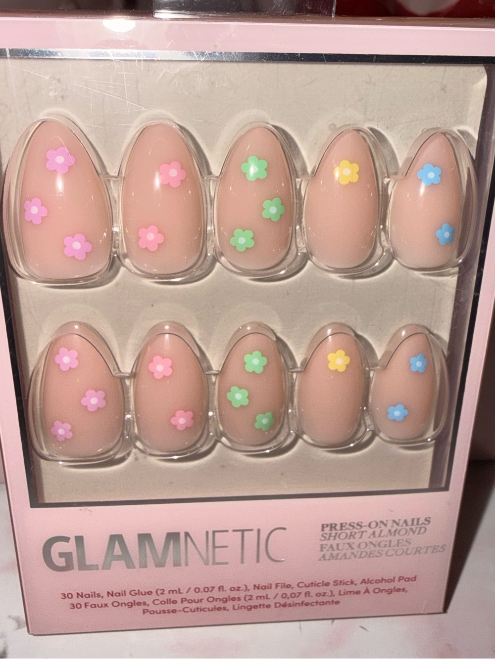 Glamnetic “Full Bloom” Press-On Nails in Nude with Pastel Flower Accents